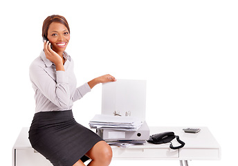 Image showing Business woman, phone call and folder for office administration, planning and communication in studio. Portrait of secretary or worker talking on mobile and documents management on a white background