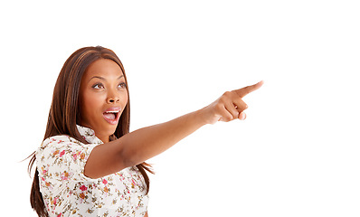 Image showing Pointing, gossip and black woman with surprise, opportunity and news isolated on white studio background. African person, girl and model with emoji, shock or announcement with mockup space and option