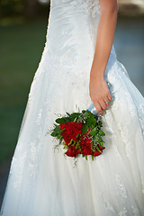 Image showing Woman, hands and wedding red rose bouquet with love, commitment and trust ceremony for marriage. Engagement, celebration and flowers for event in a park with a floral plant and bride dress outdoor