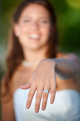 Image showing Bride, woman and hand with wedding ring outdoor for marriage, commitment and celebration with diamond. Love, unity and person in nature with jewelry for ceremony, smile and support on park in summer