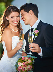 Image showing Champagne, wedding and portrait of bride and groom ay a classy, elegant and luxury wedding event. Happy, smile and young woman and man with sparkling wine marriage ceremony or party for commitment.