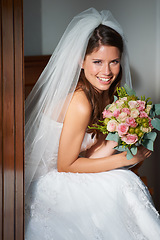 Image showing Bride, wedding and bouquet portrait with happy smile for marriage, commitment and love event outdoor. Confidence, female person and marriage with celebration, bridal dress and garden with ceremony