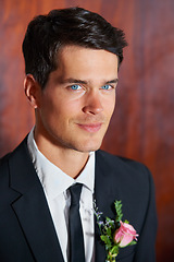 Image showing Smile, wedding and portrait of young groom in a suit with a flower for a classy, elegant and luxury event. Happy, handsome and face of man from Canada at marriage ceremony or party for commitment.