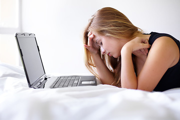 Image showing Student woman, laptop and stress on bed with mistake for exam, assessment or test with online course. Girl, studying and education with computer in bedroom for elearning, 404 glitch and error in home