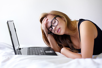 Image showing Student woman, laptop and mistake on bed with stress for exam, assessment or test with online course. Girl, studying and education with computer in bedroom for elearning, 404 glitch and error in home