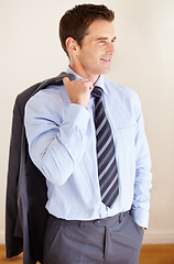 Image showing Business man, ideas and suit in studio in jacket, corporate clothes and problem solving by white background. Entrepreneur, financial advisor and smile for strategy, thinking and investment agency