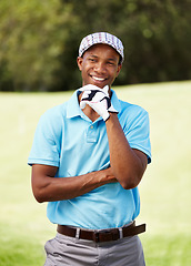 Image showing Thinking, sports and man golfer with smile for positive, good and confident attitude on field. Happy, fitness and African male athlete or player on an outdoor course for tournament or competition.