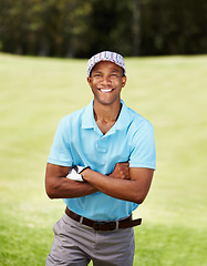 Image showing Happy, sports and portrait of man golfer with positive, good and confident attitude on field. Smile, fitness and African male athlete or player on an outdoor course for tournament or competition