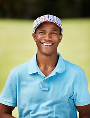 Image showing Smile, sports and portrait of man golfer with positive, good and confident attitude on field. Happy, fitness and African male athlete or player on an outdoor course for tournament or competition.