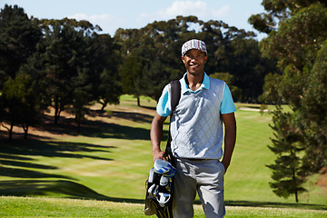 Image showing Smile, sports and portrait of man golfer with positive, good and confident attitude on field. Happy, fitness and African male athlete with equipment on an outdoor course for tournament or competition