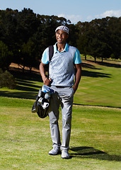 Image showing Smile, fitness and portrait of man golfer with positive, good and confident attitude on field. Happy, sports and African male athlete with equipment on an outdoor course for tournament or competition