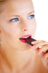 Image showing Studio face, woman thinking or eating chocolate, cacao product or taste dessert snack, unhealthy junk food or candy. Wellness sweets, beauty or model brainstorming cheat meal plan on white background