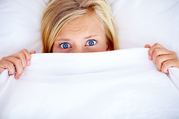 Image showing Portrait, bedroom and blanket with woman, fear and scared with anxiety, expression and emotion. Face, person and girl with a sheet, home and depression with stress, mental health and insomnia