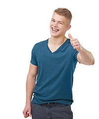 Image showing Portrait, hands and happy man with thumbs up in studio for feedback, vote or agreement on white background. Face, smile and male model with emoji for review, support or thank you, success or gesture