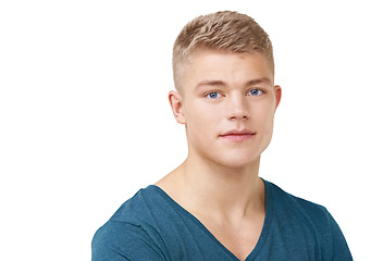 Image showing Man, fashion and serious with denim jeans, happy and isolated on white studio background. Portrait, confidence and adolescent with cool clothes, youth and headshot with face, boy and casual