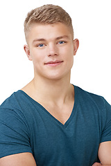Image showing Man, fashion and smiling with cool clothes, happy and isolated on white studio background. Portrait, confident and adolescent student with face, youth and posing as teenager, boy and casual