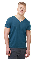 Image showing Man, fashion and trendy outfit with denim jeans, happy and isolated on white studio background. Portrait, confident and adolescent for cool clothes, youth and smile with face, boy and casual