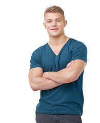 Image showing Arms crossed, portrait and fashion by man in studio with confidence, pose or positive attitude on white background. Face, smile and male model with cool, clothes or streetwear, style or good mood