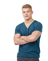 Image showing Arms crossed, fashion and portrait of man in studio with confidence, pose or positive attitude on white background. Face, smile and male model with cool, clothes or streetwear, style or good mood