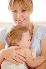 Image showing Woman, baby and sleep on chest or portrait relax for childhood development, peace or mother love. Female person, kid and nap for secure safety or bonding parenting for young care, comfort or tired