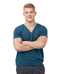 Image showing Portrait, fashion and happy man with arms crossed in studio confident, pose or positive attitude on white background. Face, smile and male model with cool, clothes or streetwear, style or good mood