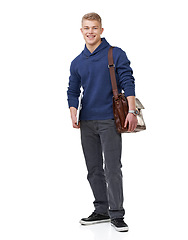 Image showing Smile, briefcase and portrait of businessman in a studio with elegant, stylish and fancy outfit for fashion. Bag, confidence and happy young male model with cool style isolated by white background.