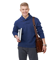 Image showing Happy, textbooks and portrait of student in studio with briefcase and positive attitude for studying. Smile, education and young male person with university or college information by white background