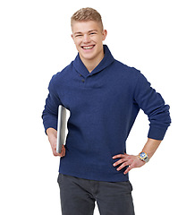 Image showing Smile, laptop and portrait of man in a studio with positive, good and confident attitude for studying. Happy, technology and young male university student with computer isolated by white background.