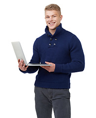 Image showing Happy, laptop and portrait of man in a studio with elegant, stylish and fancy outfit with confidence. Smile, computer and young male model with cool fashion or style isolated by white background.