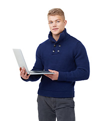 Image showing Smile, laptop and portrait of man in studio with elegant, stylish and modern outfit with confidence. Fashion, technology and young male model with cool style and computer isolated by white background