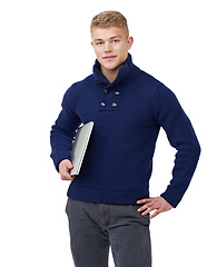 Image showing Smile, laptop and portrait of man in a studio with positive, good and confident attitude for studying. Happy, technology and young male university student with computer isolated by white background.