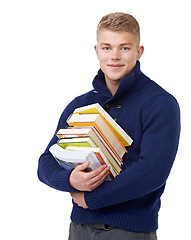 Image showing Smile, books and portrait of man in a studio with positive, good and confident attitude for studying. Happy, pride and young university student with college information isolated by white background.