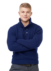 Image showing Smile, crossed arms and portrait of man in a studio with elegant, stylish and fancy outfit. Fashion, confidence and happy young male model with cool and modern style isolated by white background.