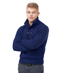 Image showing Fashion, crossed arms and portrait of man in a studio with elegant, stylish and fancy outfit. Pride, confidence and young male model with cool and modern style isolated by white background.