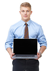 Image showing Business man, portrait and laptop screen in studio for advertising information, news update and web promotion on white background. Computer, mockup space and presentation of corporate ads coming soon