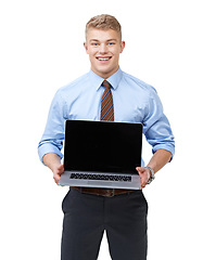 Image showing Portrait, business man and advertising laptop screen, information and promotion coming soon in studio. Computer, mockup space and smile for review, presentation and corporate news on white background