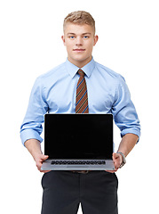 Image showing Portrait, business man and laptop screen in studio for presentation, information and promotion coming soon. Computer, mockup space and corporate ambassador advertising email offer on white background