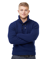 Image showing Happy, crossed arms and portrait of man in a studio with elegant, stylish and fancy outfit. Fashion, smile and young male model with cool and modern style with confidence isolated by white background