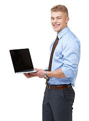 Image showing Portrait, business and happy man at laptop screen in studio for advertising information, news and promotion on white background. Computer, mockup and space for review, presentation or corporate email