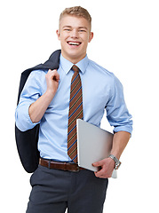 Image showing Young, businessman and portrait with laptop or smile for research, communication or networking in studio. Entrepreneur, person and face with happy or confidence for internship on white background