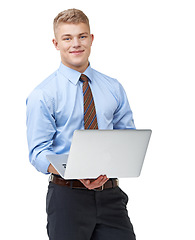 Image showing Portrait, business man and laptop in studio for online economy report, investment information or review stock market news. Happy salesman, financial broker and working on computer on white background