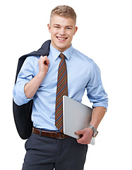 Image showing Young, businessman and portrait with laptop or smile for research, communication or networking in studio. Entrepreneur, person and face with happy or confidence for internship on white background