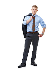 Image showing Businessman, worker and smile for portrait, consultant and professional on white background. Confident, young and suit for career, financial clerk and man for startup, mockup space and corporate