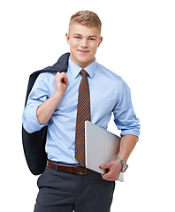Image showing Young, businessman and portrait with laptop or happy for research, communication or networking in studio. Entrepreneur, person and face with smile or confidence for internship on white background