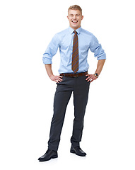 Image showing Man, consultant and smile for portrait, employee and professional on white background. Confident, young and workplace for career, financial clerk and businessman for startup, job and corporate