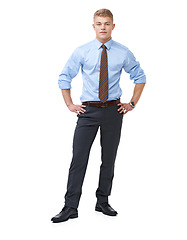 Image showing Man, consultant and serious for portrait, employee and professional on white background. Confident, young and workplace for career, financial clerk and businessman for startup, job and corporate