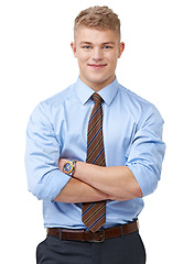 Image showing Young, businessman and portrait with arms crossed or happy in studio for startup, career and confidence. Entrepreneur, person or smile and pride or positive mindset for internship on white background