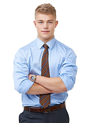 Image showing Young, businessman and portrait with arms crossed or smile in studio for startup, career and confidence. Entrepreneur, person or happy and pride or positive mindset for internship on white background