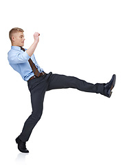 Image showing Opportunity, step and business man in studio for future, leap and career growth. Professional, progress and excited with Corporate male employee walking on white background for forward and ambition