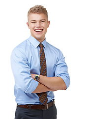 Image showing Young, businessman and portrait with arms crossed or happy in studio for startup, career and confidence. Entrepreneur, person or laugh and pride or positive mindset for internship on white background